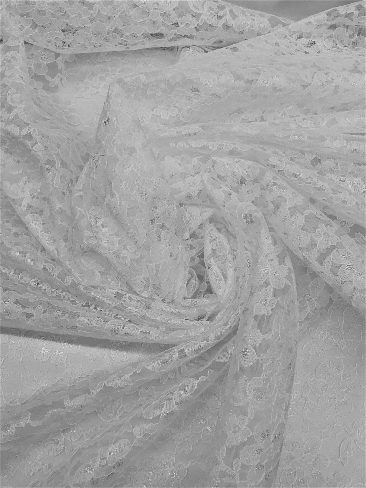 White Rachelle Lace Polyester Fabric - Sheer Floral Lace, White, 58/60" Wide (1 Yard)