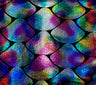 8 Colors Shiny Holographic Foil Mermaid Scales Pattern On Black Stretch Nylon Spandex Shiny Tricot Fabric - Black, Mermaid Scales, 58 To 60 Inches Wide