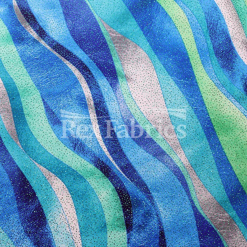 Raw Vinyl Polyester Spandex Fabric - Blue Green And Pink Purple Wavy Print, 58-60" Width (1 Yard)