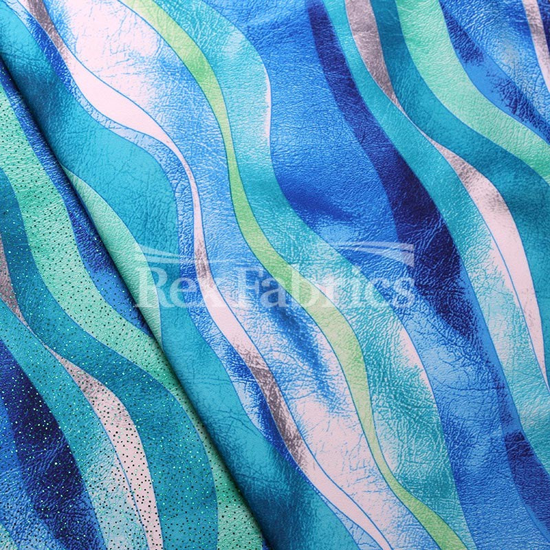 Raw Vinyl Polyester Spandex Fabric - Blue Green And Pink Purple Wavy Print, 58-60" Width (1 Yard)