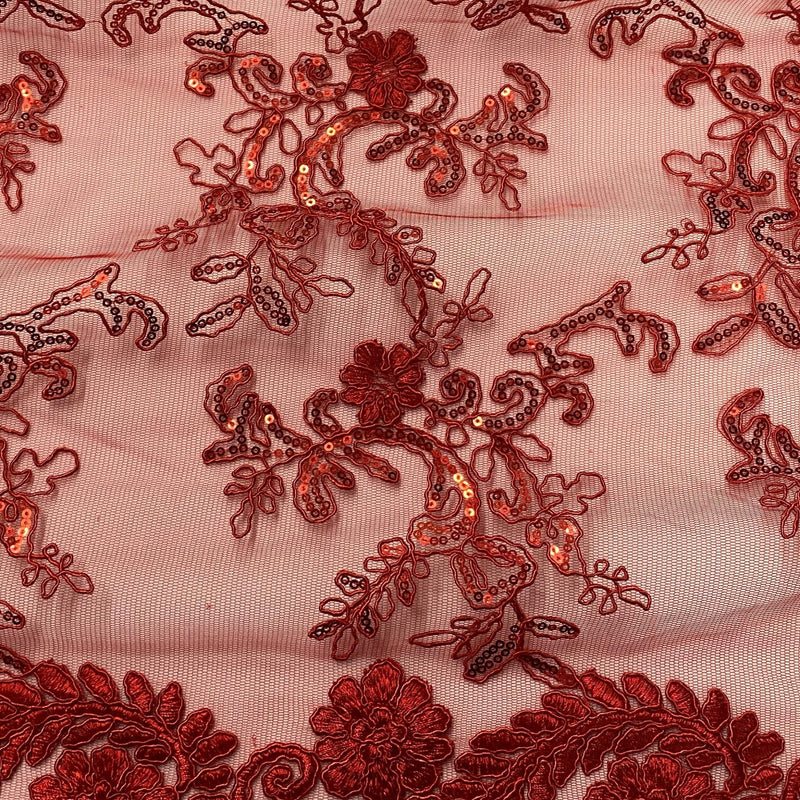 Elena'S Lace Red Polyester Lace Fabric - Red Corded Mesh Embroidered With Sequins, Double Scalloped Edge, 54" Width (1 Yard)