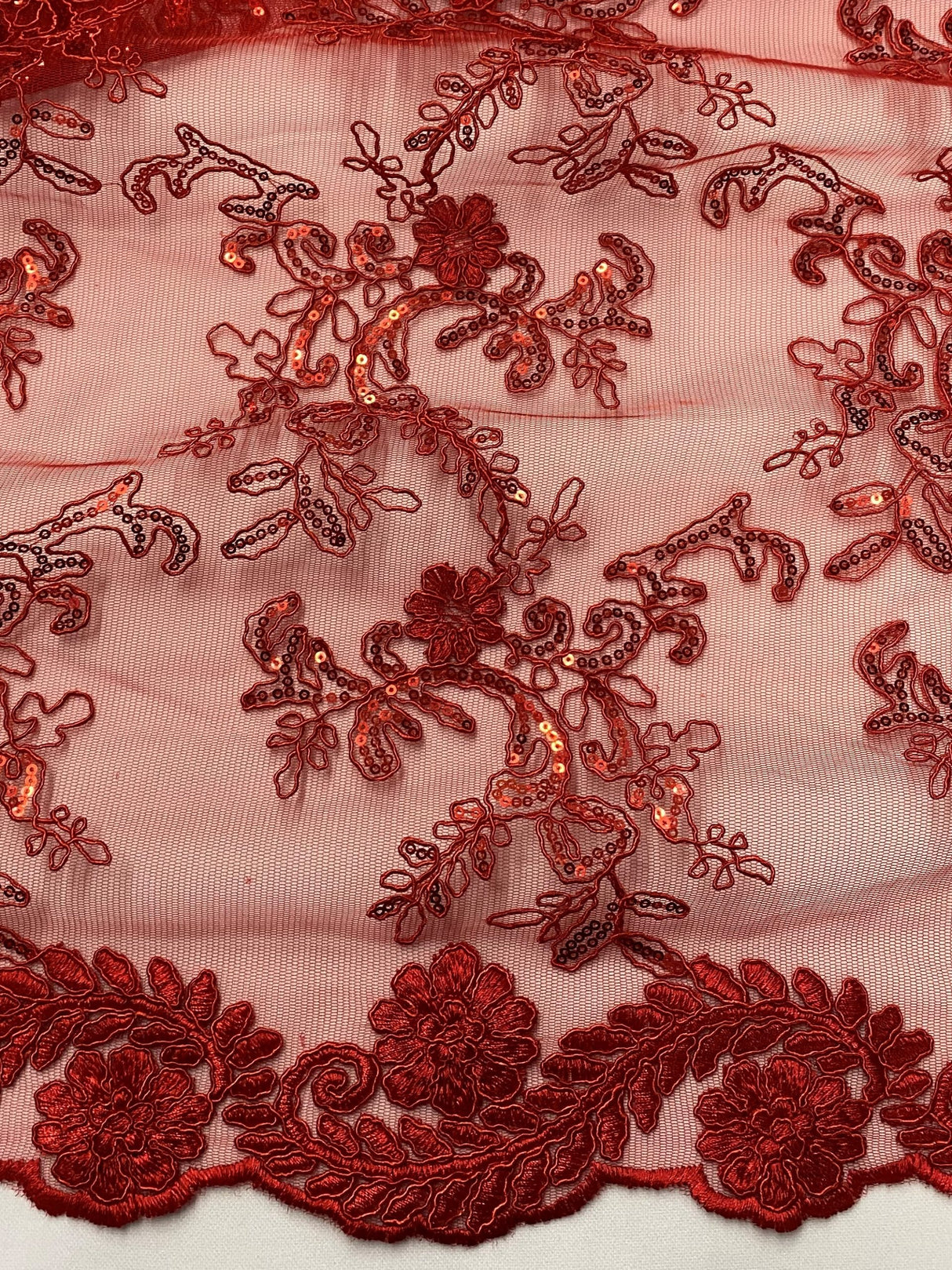Elena'S Lace Red Polyester Lace Fabric - Red Corded Mesh Embroidered With Sequins, Double Scalloped Edge, 54" Width (1 Yard)