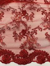 Elena'S Lace Red Polyester Lace Fabric - Red Corded Mesh Embroidered With Sequins, Double Scalloped Edge, 54" Width (1 Yard)