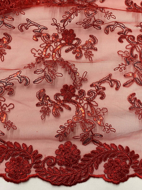 Elena'S Lace Red Polyester Lace Fabric - Red Corded Mesh Embroidered With Sequins, Double Scalloped Edge, 54" Width (1 Yard)