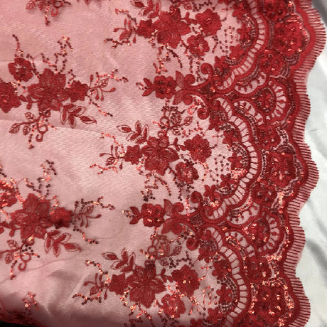 Red Sequin Lace Fabric With Embroideries On Mesh VT-011 - Red Embroidered Mesh, Sequins, 54" Width