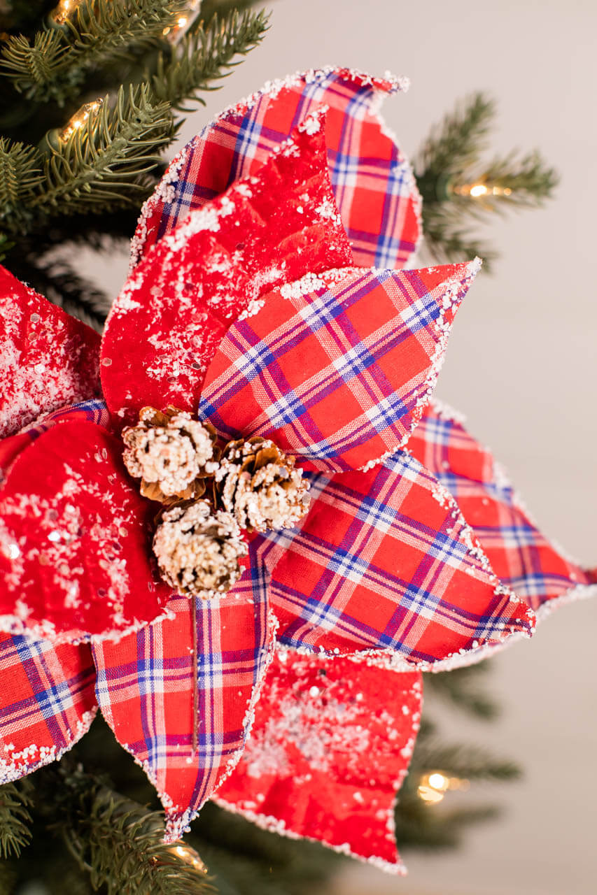 22” x 11” Red and Blue Plaid Poinsettia Stem