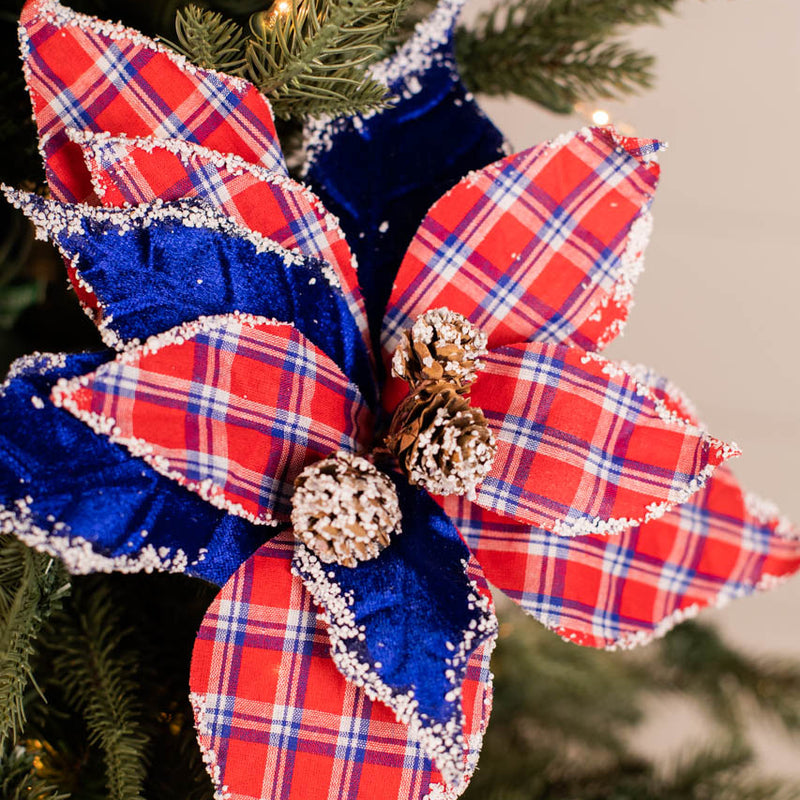 22” x 11" Red & Blue Plaid Poinsettia Stem