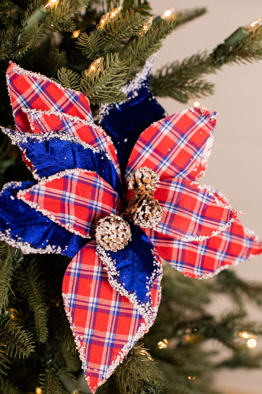 22” x 11" Red & Blue Plaid Poinsettia Stem