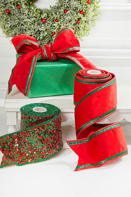 4" x 5 Yard Red/Green Sequin Dupioni Ribbon