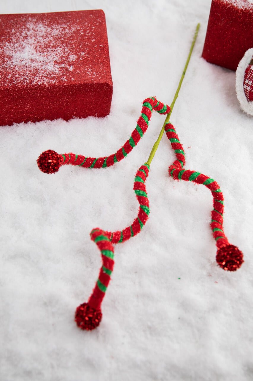 Green Red Curly Stem with Ball 24 Inch Christmas Tree Decor