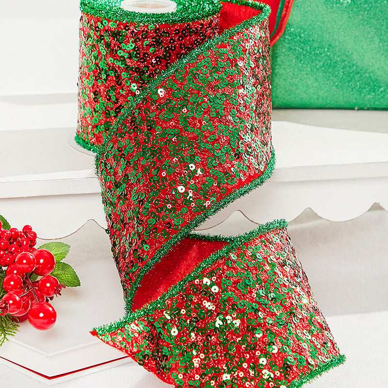 4" x 5 Yard Red/Green Sequin Dupioni Ribbon