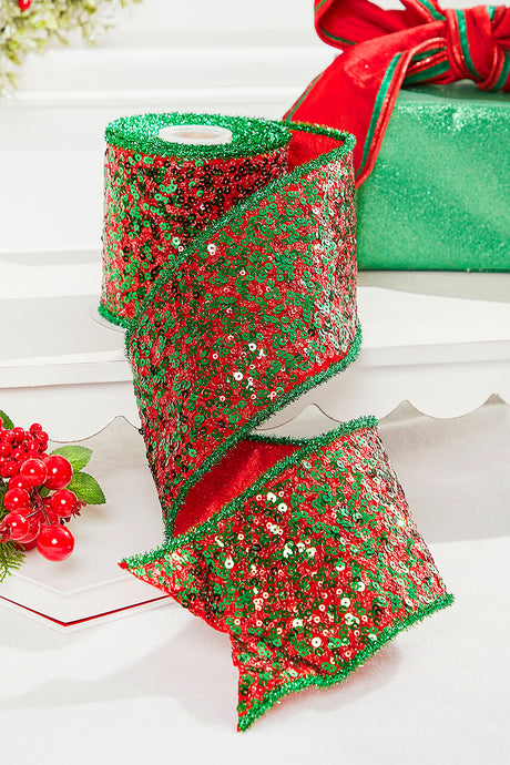 4" x 5 Yard Red/Green Sequin Dupioni Ribbon