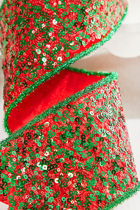 4" x 5 Yard Red/Green Sequin Dupioni Ribbon