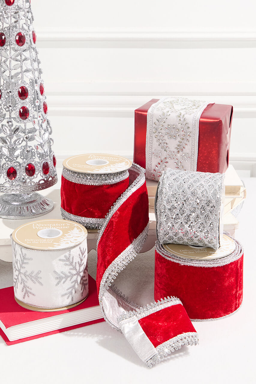 4" x 10 Yard White Velvet with Silver Snowflake Ribbon