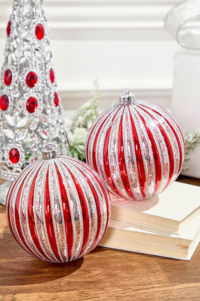 6" Red/Silver Striped Shatterproof Ornaments - Set of 2