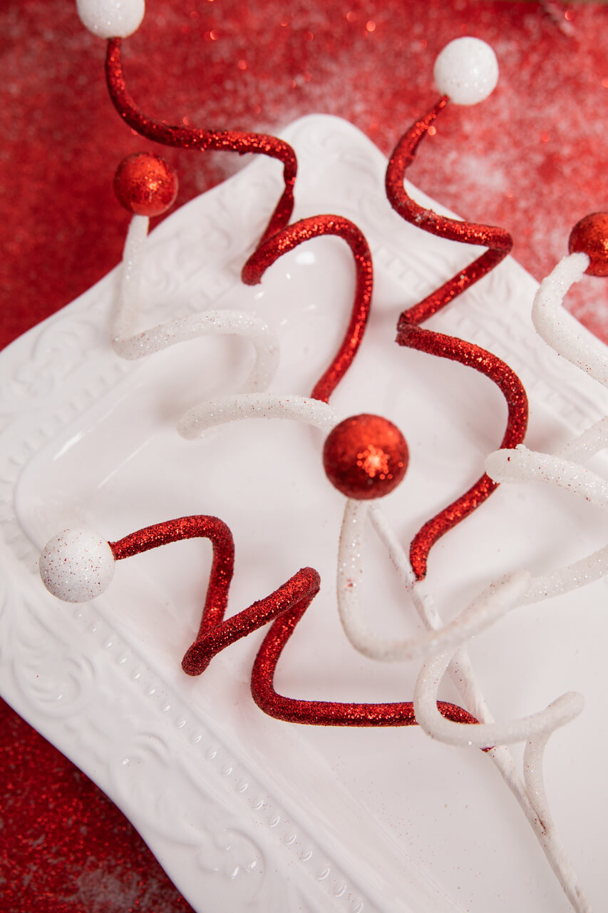 23” Red & White Glitter Curly Ball Stem