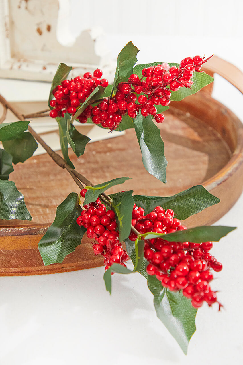 30” Red & Green Leaf Berry Spray