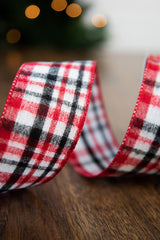 2.5 Inchi x 10 Yard White/Red/Black Plaid Wired Ribbon Christmas Holiday Decor