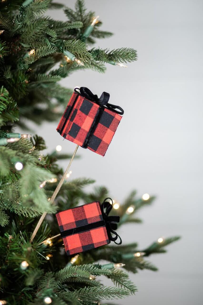 Buffalo Plaid Package Spray with Bow 24 Inch Christmas Decor
