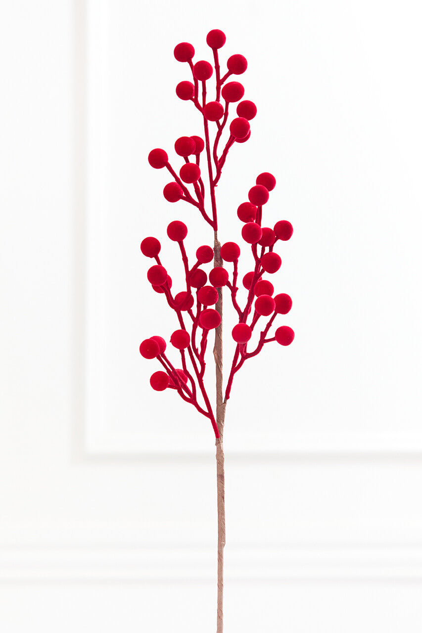27" Red Flocked Berry Spray