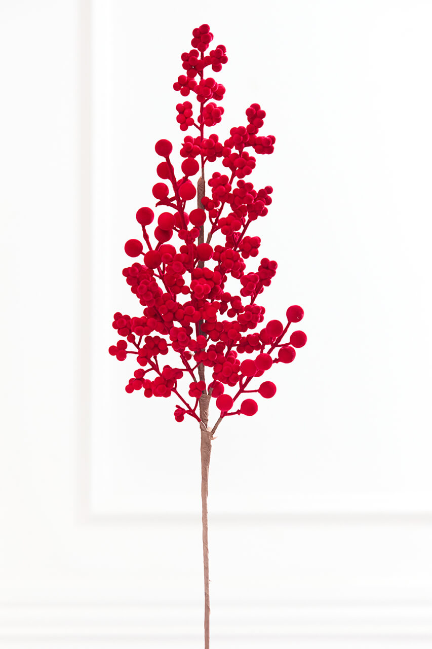 29" Red Flocked Cluster Berry Spray