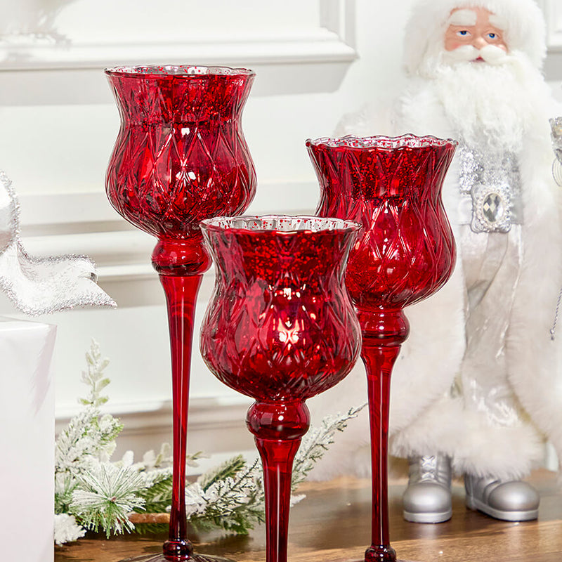 Red Mercury Glass Candle Holders - Set of 3