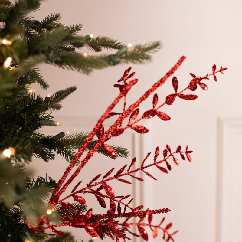 Red Glitter Boxwood Berry Stick Spray 29 Inch Christmas Decor