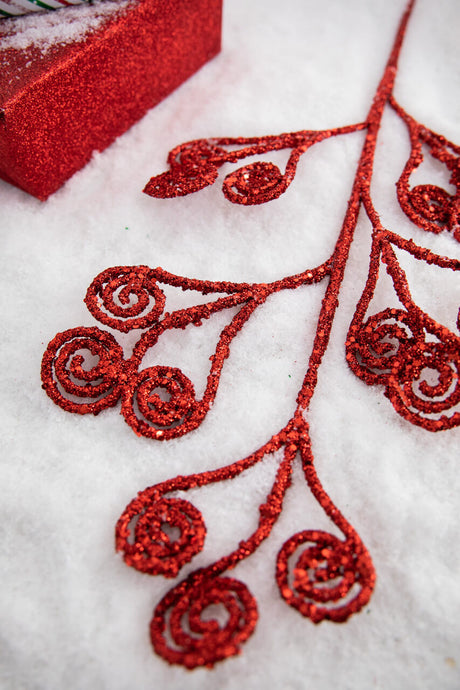 26” Red Glitter Curly Stem – Festive Christmas Decorative Spray