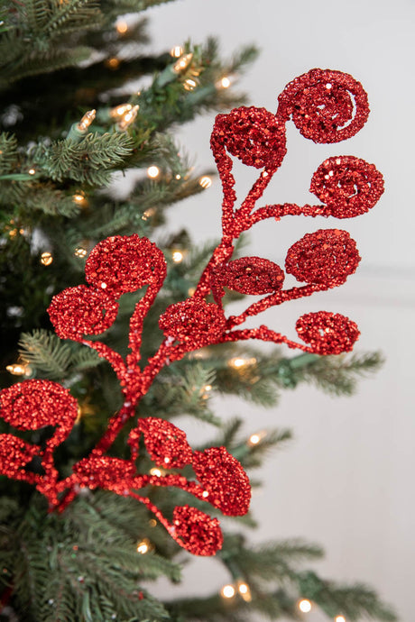 Red Glitter Curly Stem 26 Inch Christmas Tree Decorative Spray