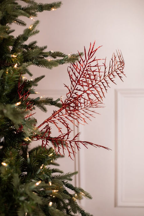 38” Red Glitter Dragon Fern Spray