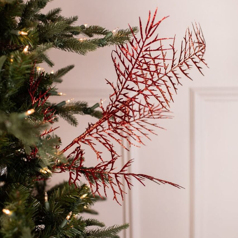 38 Inch Red Glitter Dragon Fern Spray Decorative Christmas Stem