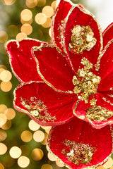 19" x 10" Red & Gold Glitter Magnolia Stem