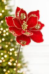 19" x 10" Red & Gold Glitter Magnolia Stem