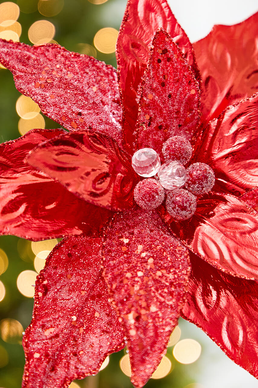 24" x 10" Red Glitter Edge & Bead Poinsettia Stem