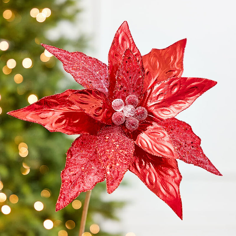 24" x 10" Red Glitter Edge & Bead Poinsettia Stem