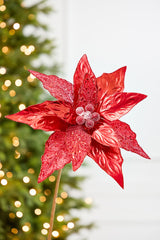 24" x 10" Red Glitter Edge & Bead Poinsettia Stem