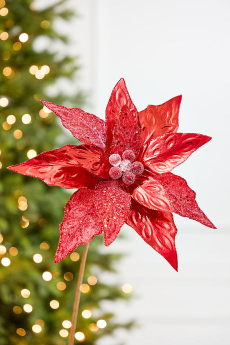 24" x 10" Red Glitter Edge & Bead Poinsettia Stem