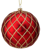 10 CM Red Matte Glitter Quilted Ball Ornament