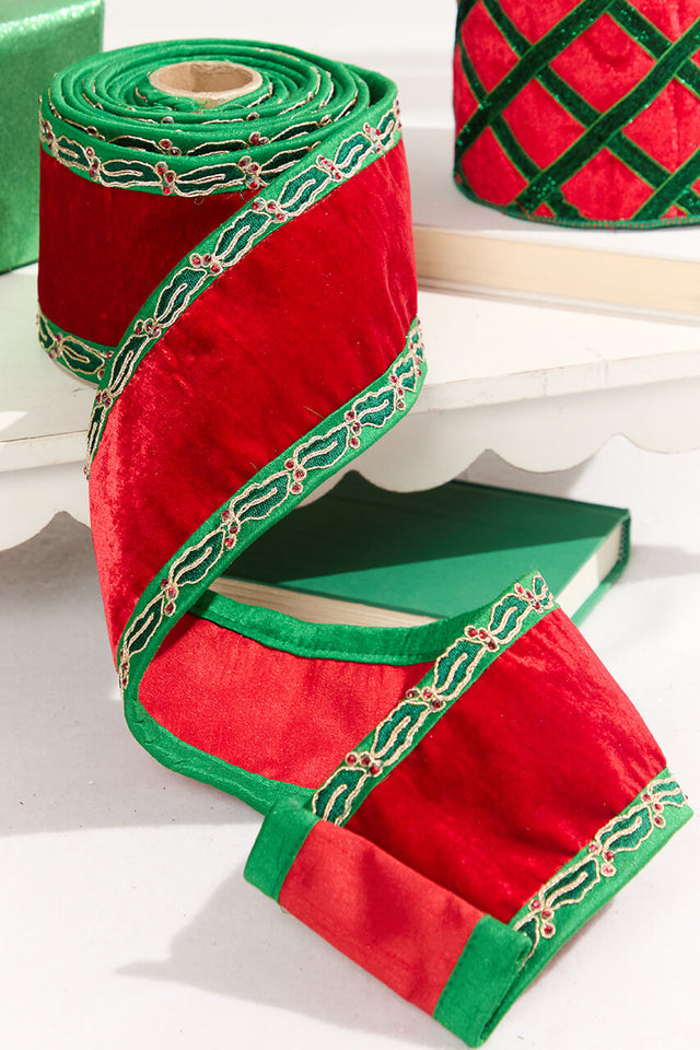 4" x 5 Yard Holly Leaves Edged Red Velvet Ribbon
