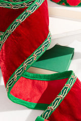 4" x 5 Yard Holly Leaves Edged Red Velvet Ribbon