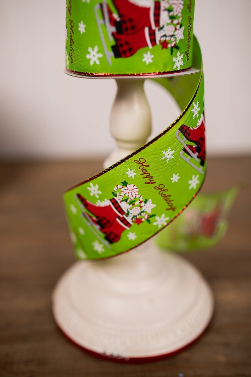 2.5 Inch x 10 Yard Green Happy Holidays Christmas Ribbon