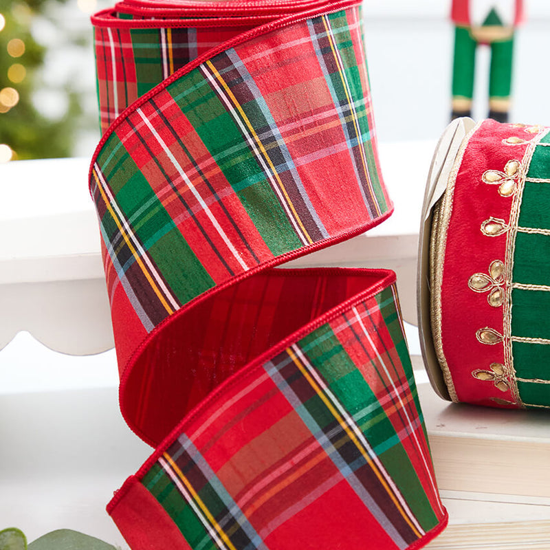 4" x 5 Yard Multicolor Nutcracker Plaid with Red Dupioni Backed Ribbon