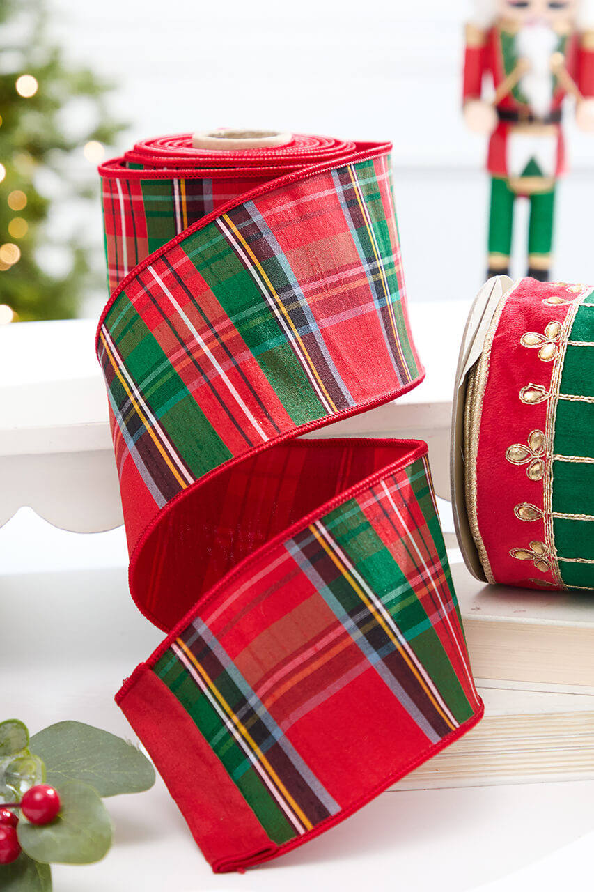 4" x 5 Yard Multicolor Nutcracker Plaid with Red Dupioni Backed Ribbon