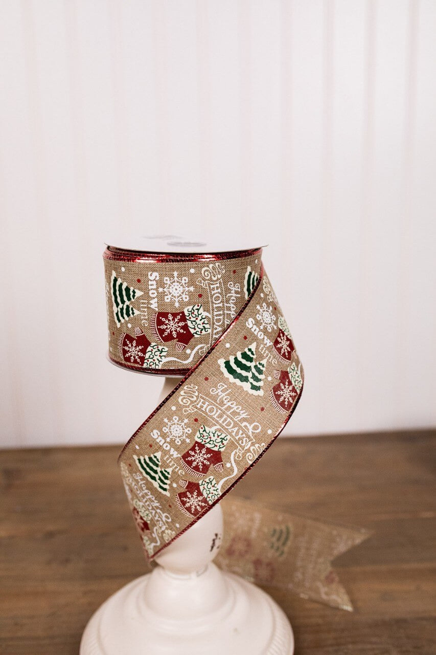 Happy Holidays Christmas Ribbon 2.5 Inch x 10 Yard Brown