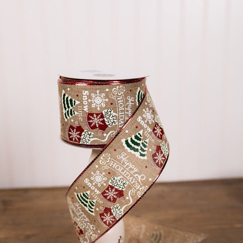 2.5” x 10 Yard Brown Happy Holidays Christmas Ribbon