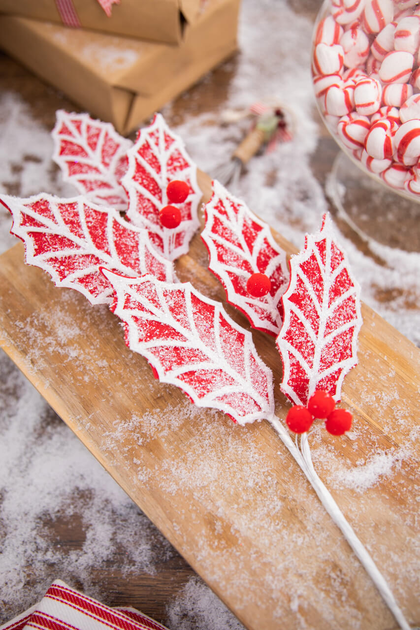 24” Red and White Leaf Stem with Red Berries