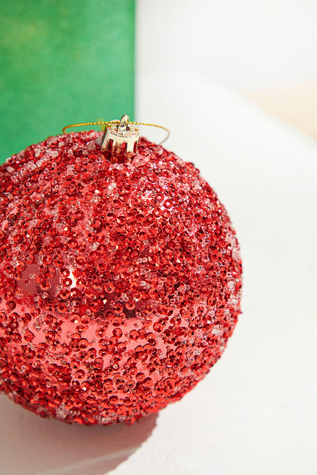 4” Red Beaded Metallic Ball Ornament