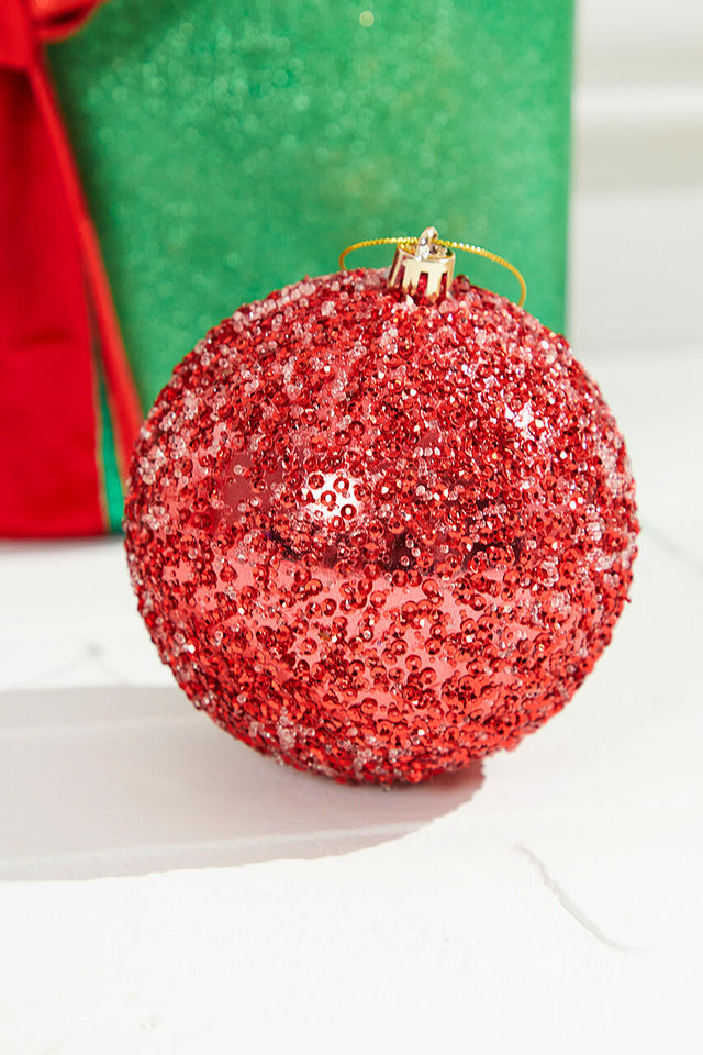 4” Red Beaded Metallic Ball Ornament