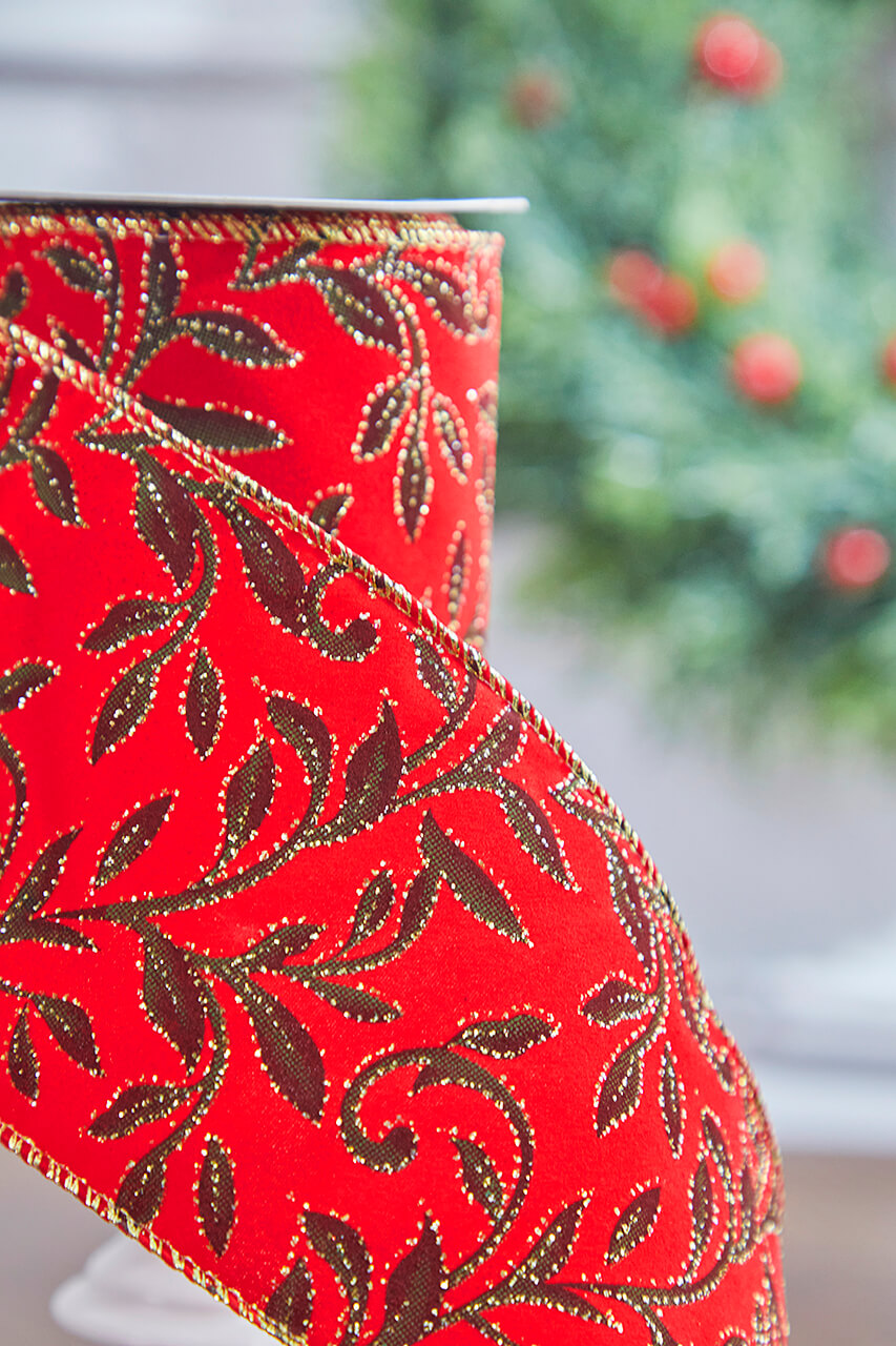 4" x 10 Yard Red Velvet With Vine Wired Ribbon