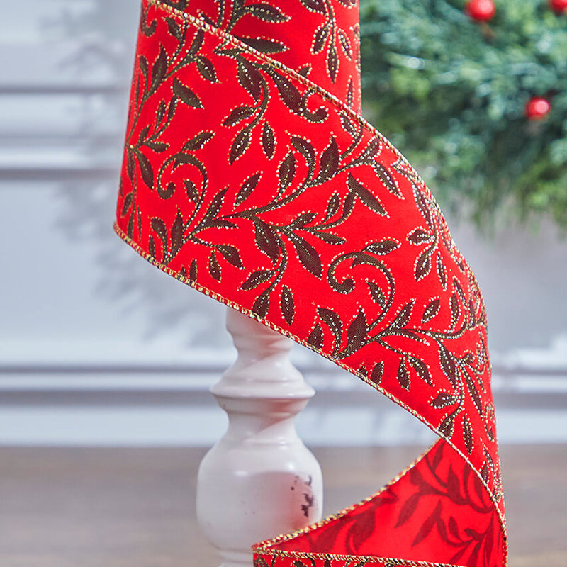 4" x 10 Yard Red Velvet With Vine Wired Ribbon